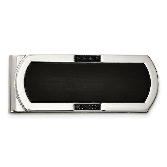 Men's Stainless Steel, Black Plated & Black CZ Fold Over Money Clip - Picture 1 of 5